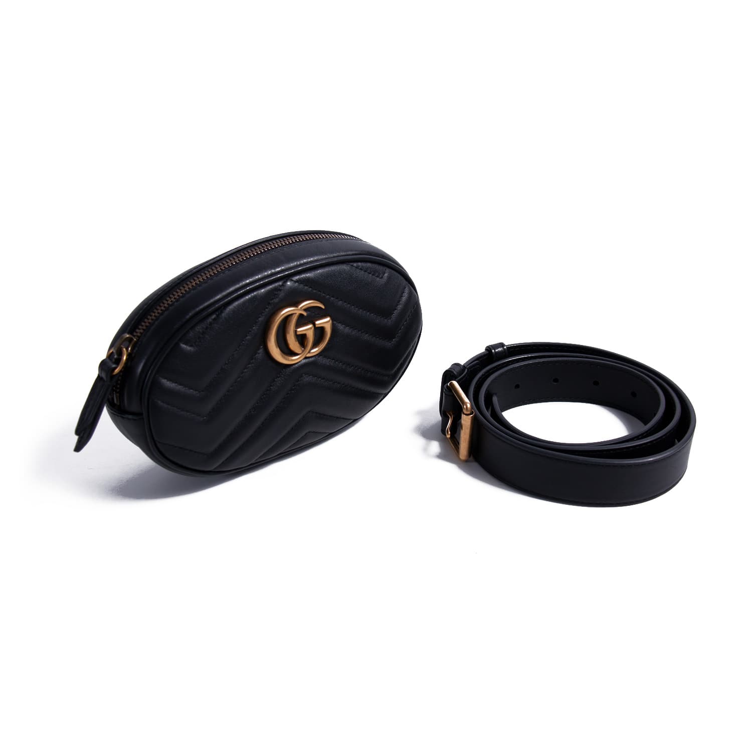 NWT Authentic Gucci Marmont Belt Bag Matelasse Chevron Black Leather Size  65/26